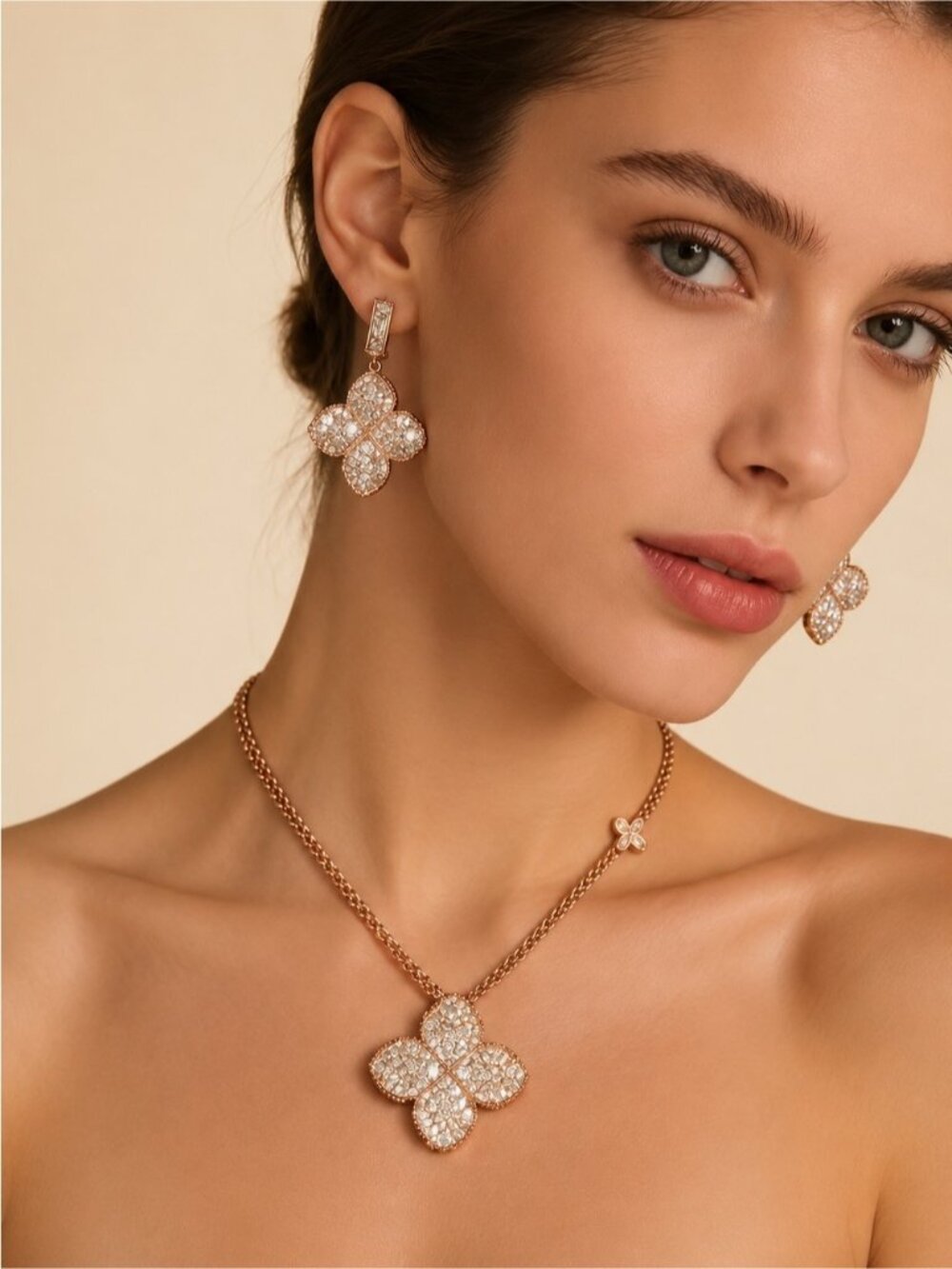 Elegant Gold Floral Pavé Necklace and Earrings Set - White Crystal